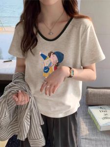 Retro American V-neck Short Sleeve T-shirt Womens Summer New Loose Elegant Small Audience Top Trendy Pure Cotton Comfortable