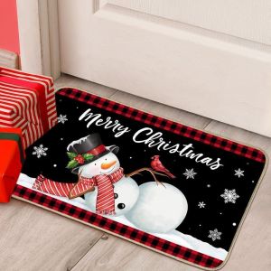 VIKAMA Black Christmas Doormat Row of Buffalo Plaid Trees Snowflakes Welcome Mat Entryway Rug Xmas Holiday Front Door Mat
