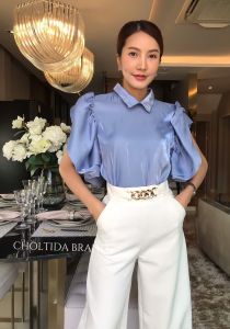 Cho ox เสื้อแขนผีเสื้อ เสื้อคอปกซิปหลัง เนื้อผ้าแก้วเงานุ่ม เสื้อแฟชั่น เสื้อแฟชั่น เสื้อใส่ทำงาน เสื้อใส่เที่ยว เสื้อใส่ทำบุญ เสื้อ chotida