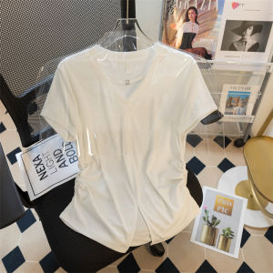 Fashionable V-Neck Pleated T-Shirt Womens Summer Slim Fit Cotton Blend Short Sleeve Unique Split Design Korean Style T-Shirt