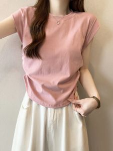 Pink Short Sleeve T-Shirt for Women Qian Rose Summer Style High Waist Ruffled Slim Fit Work Clothing Crewneck Top