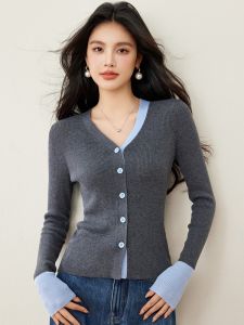 French Color Block Design Knitted Cardigan V-Neck Slimming Stylish Commute Sweater Long Sleeve Womens Outerwear Fashionable