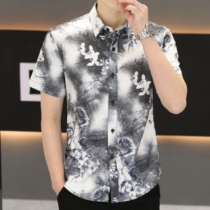 Chinese Fad Printed Shirt Men Short Sleeve Trendy Casual Shirt Summer Menswear Half-Sleeve Slim Fit Ice Silk Breathable Thin Shirt