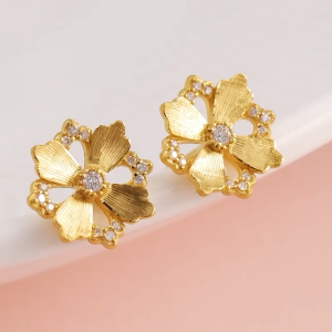 Chow Sang Sang 周生生 999 24K Gold Cultural Blessings Gesang Flower Blossom Diamond Stud Earrings for Women 94737E