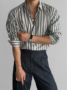 เสื้อเชิ้ตแขนยาวลายทางสไตล์อเมริกันสำหรับผู้ชาย ทรงหลวม ผ้าฝ้ายผสมโพลีเอสเตอร์ ทรงธุรกิจ สำหรับใส่ไปทำงาน