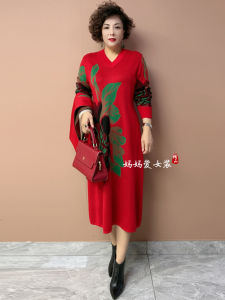 ชุดเดรสยาวปานกลางผ้าขนสัตว์สีแดง ชุดเดรสยาวคลุมเข่าสำหรับฤดูใบไม้ร่วงและฤดูหนาว ชุดเดรสถักคอวีแขนยาว