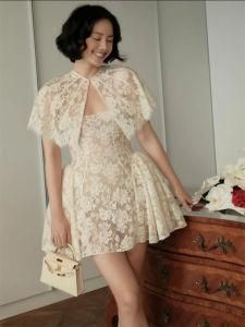 French Elegant Lace Embroidered Cape Design Waist-cinching Slimming Dress