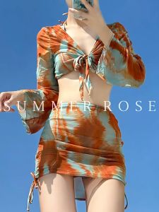 ชุดว่ายน้ำ 4 ชิ้น bikini+เสื้อคลุม+ผ้าคลุม ลายมัดย้อมสีคราม 40-68kg