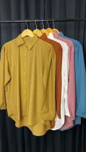 Aidi - Kemeja Linen Polos Wanita Lengan Karet - Atasan Blouse Wanita Import - Ootd Viral Korea Style - Kemeja Casual Polos