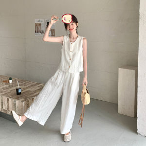 YINLUOYA | Stunning Summer Outfit Korean Style Small Size Set New 2025 Linen Wide Leg Pants Two Piece Set Women Breathable Comfortable Lightweight Casual Style