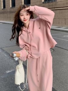 Pink Fashion Hooded Sweater Set Female Fall and Winter New Arrival Thickened Casual Slim Looking Temperament Skirt Two-piece Set Pack