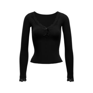 audwyn | Lace Edging Long Sleeve Bow Tie Slim Fit T-Shirt