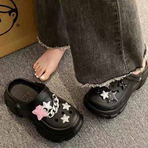 Thick Sole Height Increasing Hole Shoes Womens 2024 New Arrival Poop Feeling Closed Toe Half Slippers Womens Summer Outdoor Non-Slip Soft Bottom