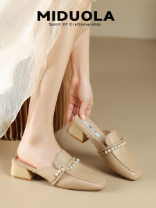 Womens Pearl Head Half Slippers Outdoor Wear 2025 New Small Fragrance Style Thick Heel Single Shoes Cool Slippers Mueller Shoes