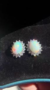 YULEM 8x10mm Oval Natural Fire Opal Earrings 925 Sterling Silver With Zircon Halo Ladies Fine Jewelry Stud Earrings
