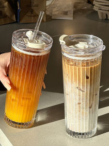 Large Capacity Glass Cup with Straw for Men And Women Home Use Water Cup with Lid Iced American Coffee Cup Japanese Style Simple