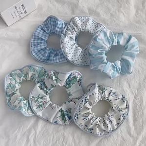 6pcs/set Scrunchies Small Blue Color Flower Print Hair Ties Ponytail Holder Sweet Cute Elastic Hair Band Women Hair Accessories