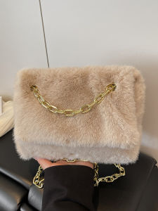 Autumn Winter Plush Ladies Crossbody Bag Chain Strap Casual Fashion Flip Cover Soft Polyester Lined Magnetic Buckle Closure