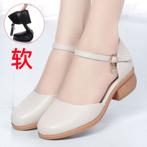 Summer Middle-Aged Mom Shoes Genuine Leather Closed Toe Sandals Womens Mid Heel Leather Sandals Soft Bottom Buckle Hollow Flats
