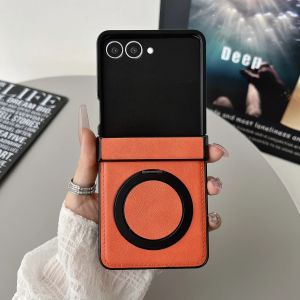Magnetic Leather Phone Case For Samsung Galaxy Z Flip 7 FE 6 5 4 3 Flip7 Flip6 Flip5 5G  Ring Holder Hinge Protective Cover