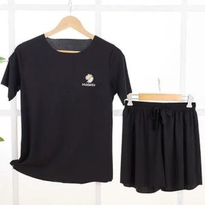 Womens Sporty Casual Slimming Summer Outfit Short Sleeve T-Shirt plus Size Thin Clothes Two-Piece Set Korean Style Daisy Print