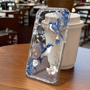 Vintage Blue Bird Floral Phone Case For iPhone 17 Air 16E 16 15 14 11 Pro Max Plus 13 12 Mini 8 7 X Transparent Shockproof Cover