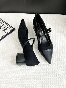French Low Heel Pointed Toe Womens Shoes Velvet Surface Black High Heels New Style Breathable Quality Versatile Professional Work