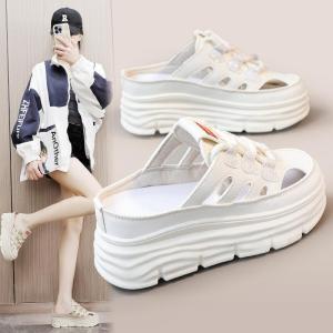 Womens Casual Thick Bottom Platform Sandals Summer Hollow out Design Increased Height Flat Footwear Casual Slip-On Shoes