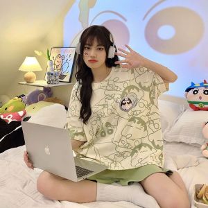 2025 New Summer Cotton Pajamas Short Sleeve Shorts Home Clothes Set for Women Cartoon Print Comfortable Breathable Sleepwear