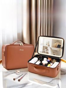 Large Capacity Portable Womens Makeup Bag with LED Light Strip Mirror 10 Inch 15 Inch Home Use Makeup Pouch Fashion Trend