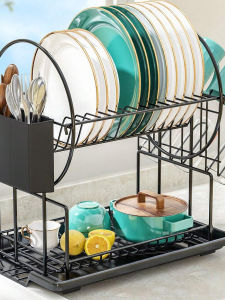 Black Double Layer Dish Drainer Rack Detachable Utensil Storage Shelf with Open Design Chopsticks Cage Cup Holder Kitchen Organizer