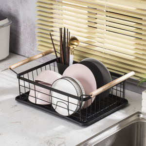 Modern Minimalist Black Wooden Handle Drainage Kitchen Rack Utensil Storage Organizer Metal Material No-Drilling Installation