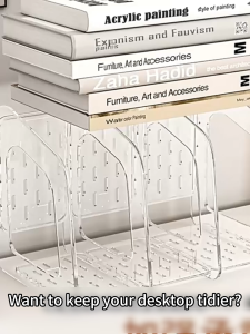 Nearra Space Saving Desktop Storage Rack Transparent Bookshelf for File Organizing Divided Display