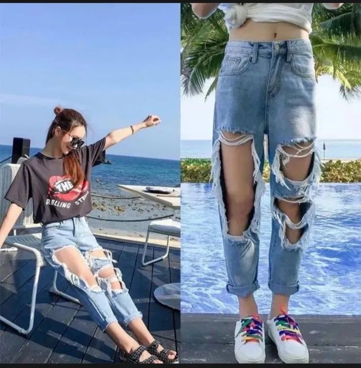 Denim pants for women Korean style new design high waist ripped