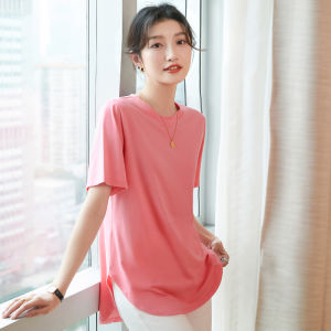 Womens Short Sleeve Round Neck T-shirt Loose Casual Tee Solid Top 95% Cotton