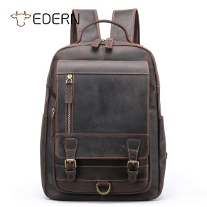 EDERN กระเป๋าเป้หนังม้าบ้าย้อนยุคสำหรับผู้ชาย กระเป๋าเป้สะพายหลังเดินทางธุรกิจกันน้ำกระเป๋านักเรียนหนังวัว ขนาด 14 นิ้ว ความจุขนาดใหญ่
