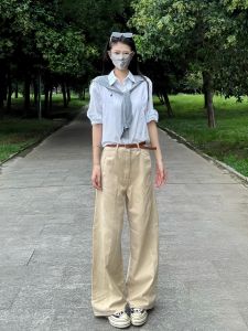 High Waist Loose Wide Leg Knife Edge Denim Jeans Womens Spring Autumn Patchwork Design American Retro Khaki Jeans