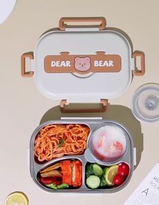 Kotak Makan Lunch Box 1500ml Siang Bento Portabel 304 Stainless Lunch Box Anak Sekolah Tahan Bocor 4 Sekat Tempat Makan+Tas Bekal qxf