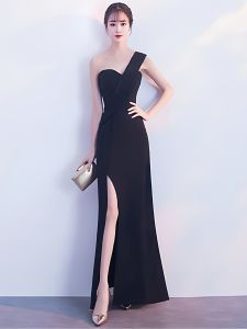 French Style Evening Gown Mid-Length Slit Single Shoulder Black Strapless Fish Tail Long Dress Women Pure Desire