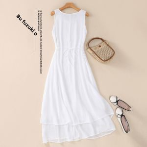 White Cotton Linen Sleeveless Dress Womens Summer New Style Linen Vest Strap Base Skirt Spring Autumn A-Line Midi Dress