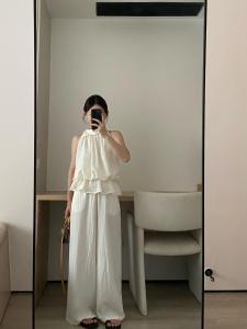 XUECAIQI | Plus Size Salty Style Youthful Halter Neck Sleeveless Top White Wide Leg Pants Set