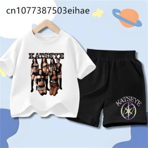 Bandai | Childrens Clothing Summer Outfit Katseye Girl Group Printed Round Neck Short Sleeve Tshirt Fashion Casual Matching Shorts Set