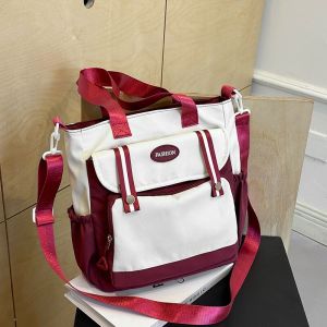 Large Capacity Canvas Shoulder Bag for Students Color Block Casual Crossbody Book Tote Bag Sweet College Style Zipper Closure