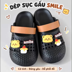 Dép Sục Gấu Smile Có Quai Khóa Charm Dễ Thương | Dép Đi Học Đi Chơi Nhiều Lỗ Thoáng Size 36-41