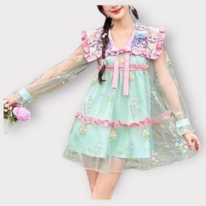 Long Sleeve V Collar Neck Mesh Embroidery Print Loose Mini Dress - PIMNADACLOSET - P019-008