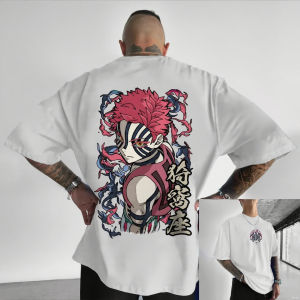 Bandai | Oversized Demon Slayer Akaza Anime Mens T-shirt Cotton Women Short Sleeve Tops Summer Streetwear Graphic Tee Casual Y2k Clothes