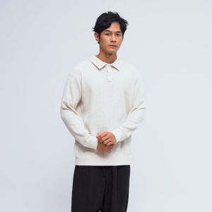 House of Smith Kaos Polo Pria Lengan Panjang - Thermal Waff Oversized Long Sleeve Polo Ivory - Polo Oversized