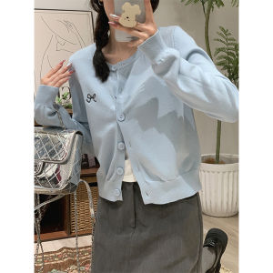 สไตล์เกาหลี ถักสั้น คาร์ดิเกน ผู้หญิง แฟชั่นปัก เสื้อสเวตเตอร์ เสื้อแจ็คเก็ต เสื้อท่อนบน อินเทรนด์ ฤดูใบไม้ร่วง งานจําเป็นเดินทางพร้อม