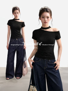 BAIDAIFEI | Black Halter Neck Off-shoulder T-Shirt Slim Fit