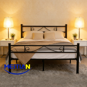 MEITIAN Double/Queen Metal Bed Heavy Duty Modern Iron Bed Frame Steel Slat Supported Black/White